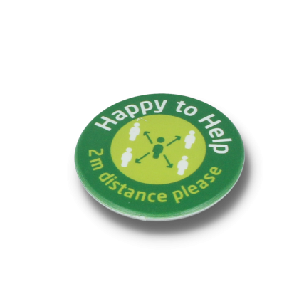 Recycled HAPPY TO HELP SOCIAL DISTANCING DBASE BADGE – 45MM CIRCLE