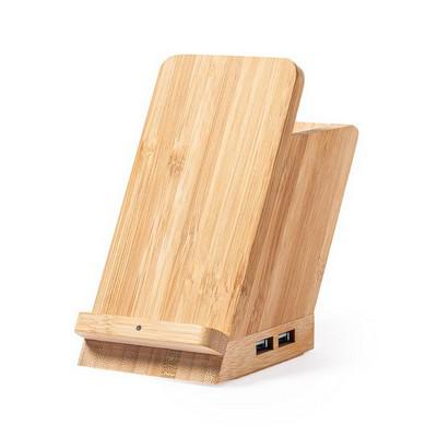 Bamboo wireless charger 5W, 4 USB hub 2.0, pen holder, phone stand