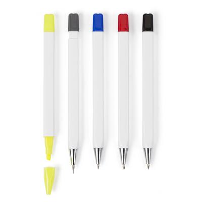 Writing set, pencil, highlighter and ball pens with caps that indicate ink colour