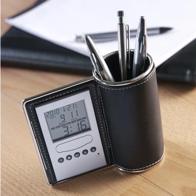 Pen holder with multifunctional clock