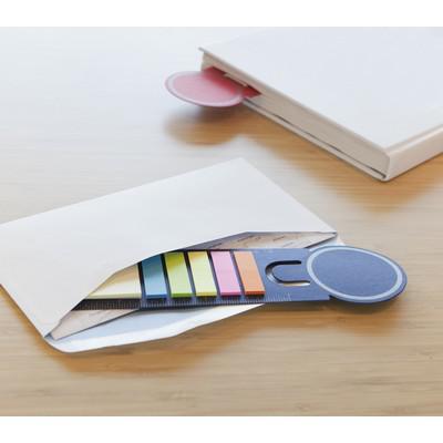 Memo holder, sticky notes, bookmark, notebook, ruler