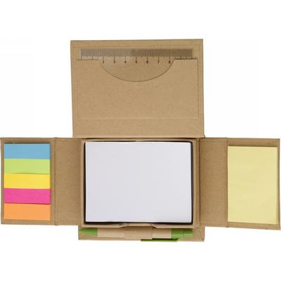Memo holder, notebook, sticky notes, ball pen, ruler