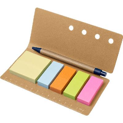 Memo holder, ruler, sticky notes, ball pen