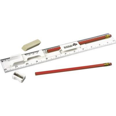 Ruler, 2 pencils, pencil sharpener and eraser