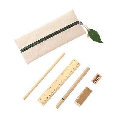 School set, pencil case, pencil, ball pen, ruler, eraser and pencil sharpener
