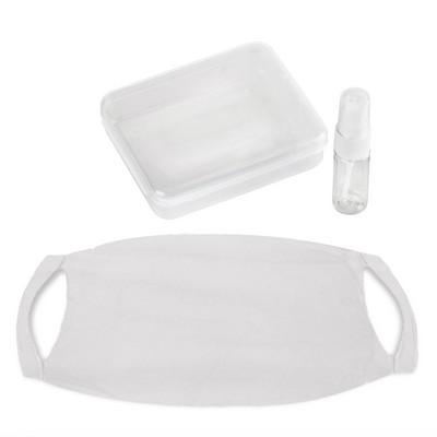 Set in box, spray bottle for disinfectant and reusable face mask with filter space and silver ions