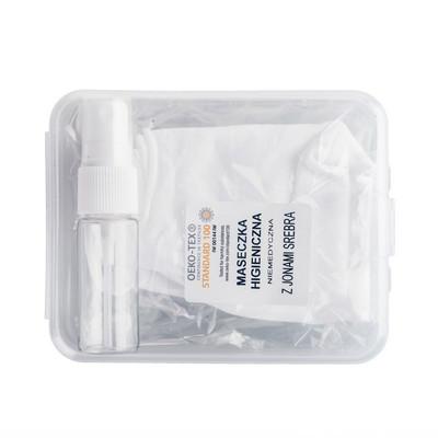 Set in box, spray bottle for disinfectant and reusable face mask with filter space and silver ions