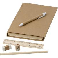 Conference folder, notebook, ruler, ball pen, pencils, pencil sharpener, eraser, sticky notes