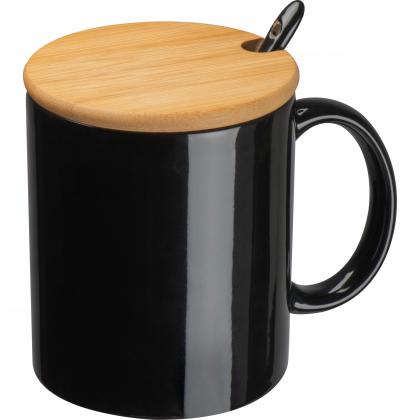 Ceramic mug with spoon and bamboo lid