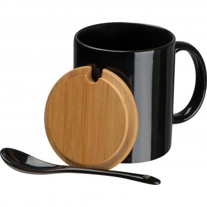 Ceramic mug with spoon and bamboo lid