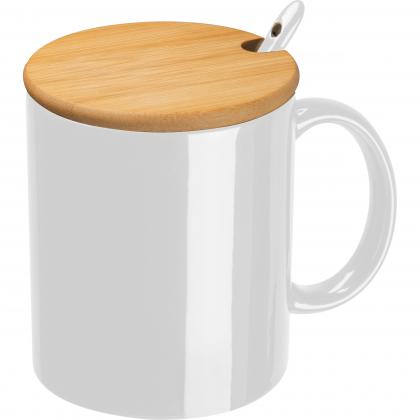 Ceramic mug with spoon and bamboo lid