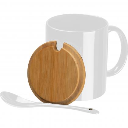 Ceramic mug with spoon and bamboo lid