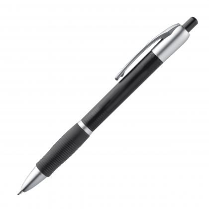 Frosted plastic ball pen with grooved rubber grip zone