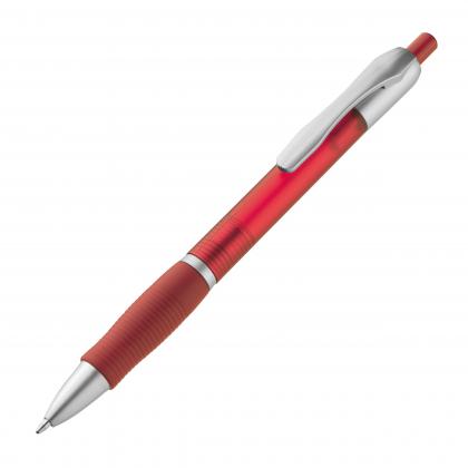 Frosted plastic ball pen with grooved rubber grip zone