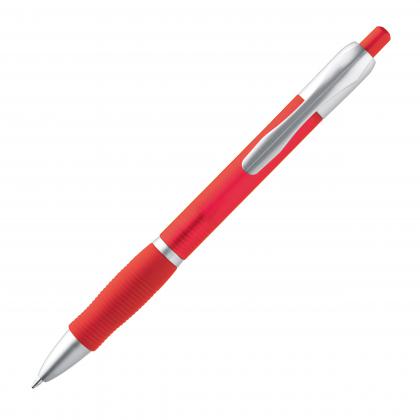 Frosted plastic ball pen with grooved rubber grip zone