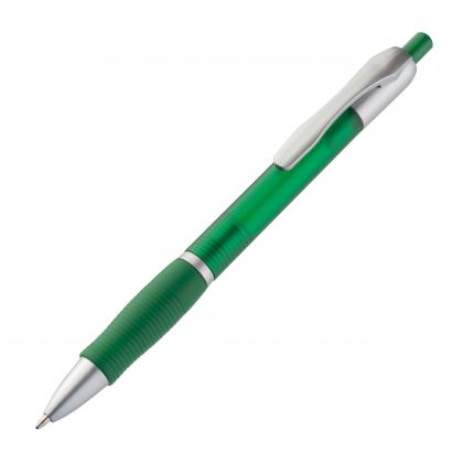Frosted plastic ball pen with grooved rubber grip zone