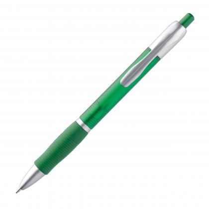 Frosted plastic ball pen with grooved rubber grip zone