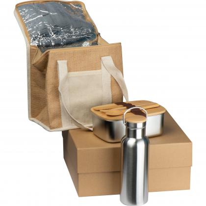 Gift set with drinking bottle. lunch box and jute cooler bag