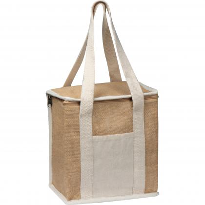 Jute cooler bag with long handles.