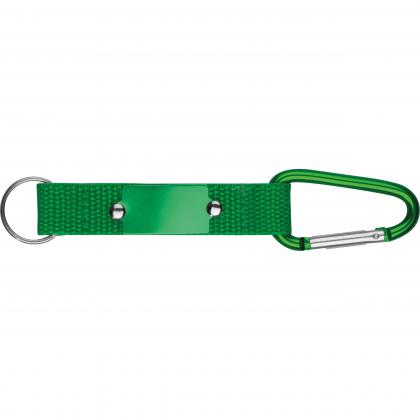 Keyring pendant with carabiner and metal plate