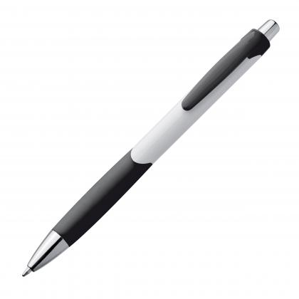 Plastic ball pen with white shaft and rubber grip zone
