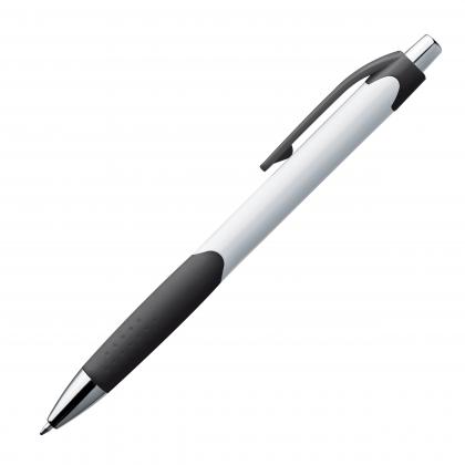 Plastic ball pen with white shaft and rubber grip zone