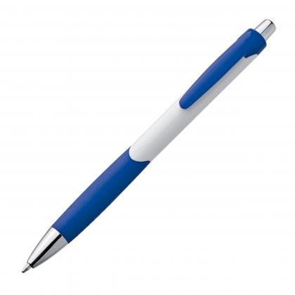 Plastic ball pen with white shaft and rubber grip zone