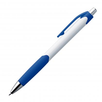 Plastic ball pen with white shaft and rubber grip zone