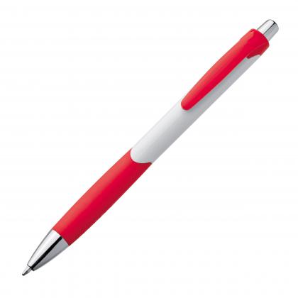 Plastic ball pen with white shaft and rubber grip zone