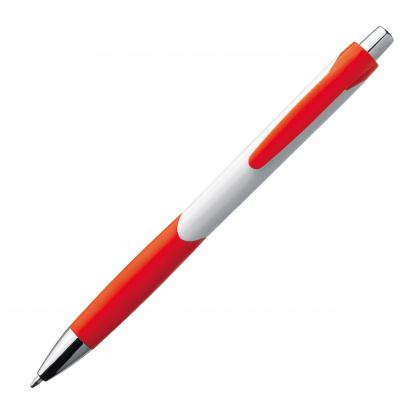Plastic ball pen with white shaft and rubber grip zone