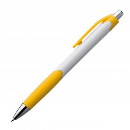 Plastic ball pen with white shaft and rubber grip zone