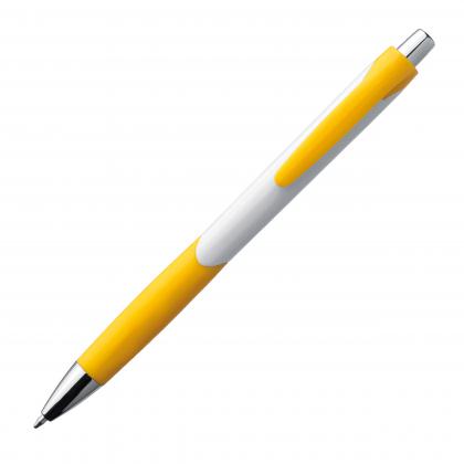 Plastic ball pen with white shaft and rubber grip zone