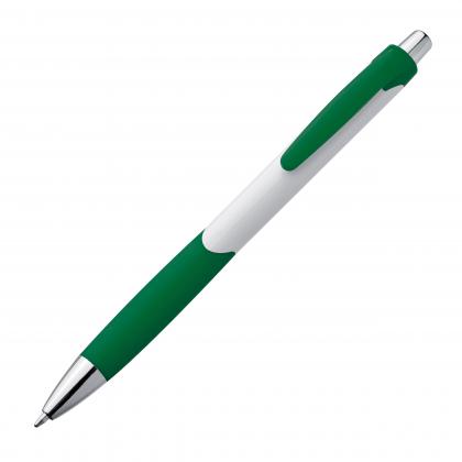 Plastic ball pen with white shaft and rubber grip zone
