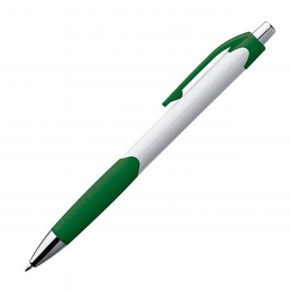 Plastic ball pen with white shaft and rubber grip zone