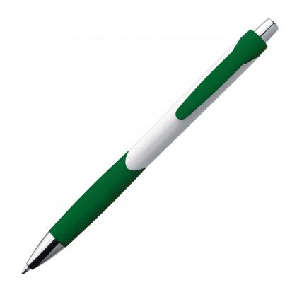Plastic ball pen with white shaft and rubber grip zone
