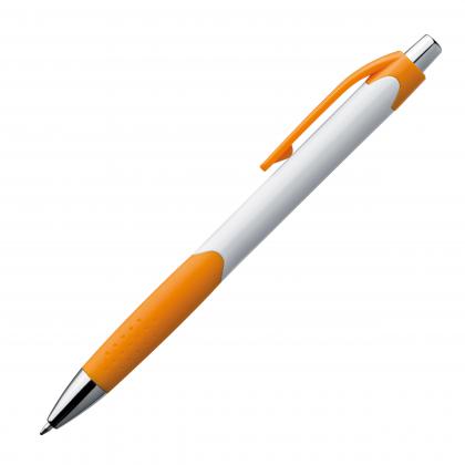 Plastic ball pen with white shaft and rubber grip zone