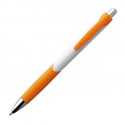Plastic ball pen with white shaft and rubber grip zone