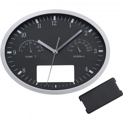 Wall clock with hygrometer. thermometer and click system