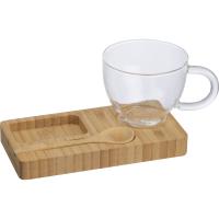 bamboo tray with spoon and glass mug