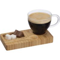 bamboo tray with spoon and glass mug