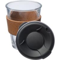 Glass mug with leak proof lid and a cork gripzone