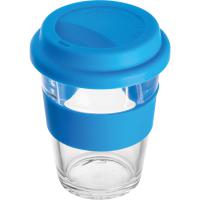 Glass mug with silicon sleeve and lid