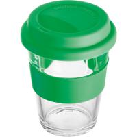 Glass mug with silicon sleeve and lid