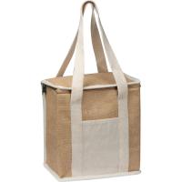 Jute cooler bag with long handles.