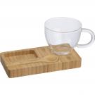 bamboo tray with spoon and glass mug