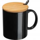Ceramic mug with spoon and bamboo lid
