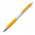 Plastic ball pen with white shaft and rubber grip zone