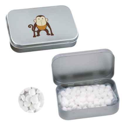 Silver tin with hinge with mints