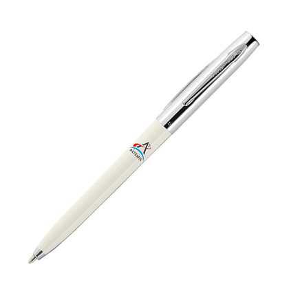WHITE PLASTIC BARREL, CAP-O-MATIC SPACE PEN WITH CHROME CAP AND MULTICOLOURED PRINTED ARTEMIS LOGO – f775-w-art