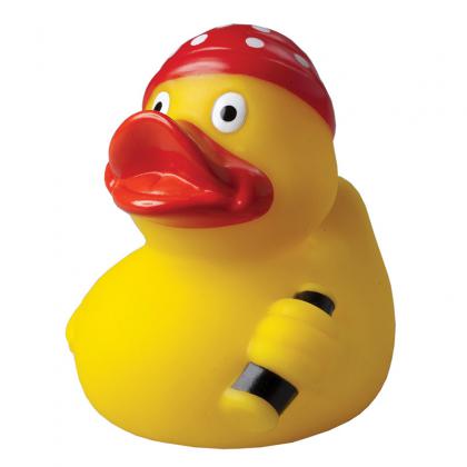 Pirate with bandana squeaking duck